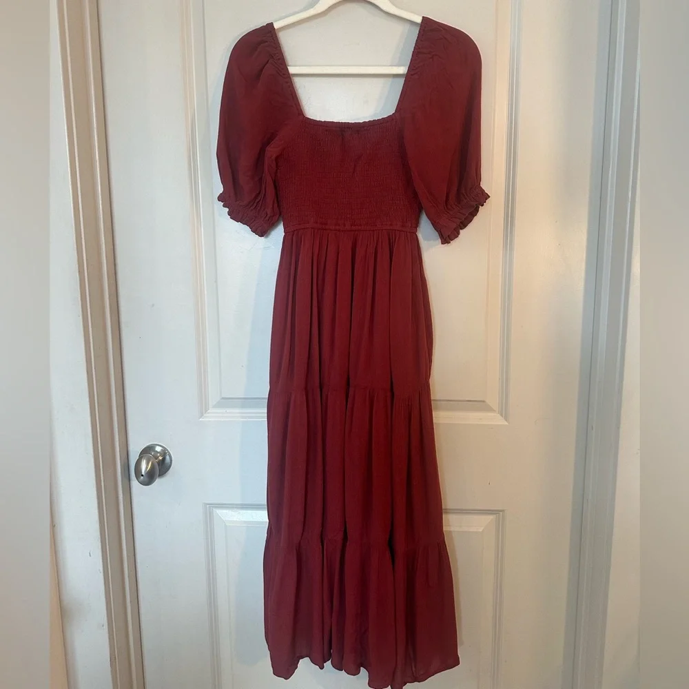 Abercrombie&Fitch Smock Front Puff Sleeve Tiered RuffleHem Burgundy Maxi Dress,S